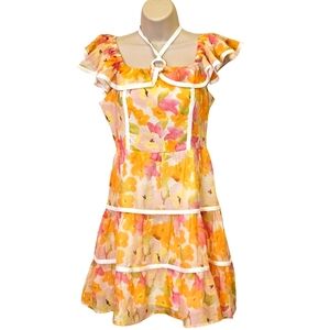 Lulus Orange/Yellow Muti-Color Floral Ruffled Tiered Halter Mini Dress,Medium